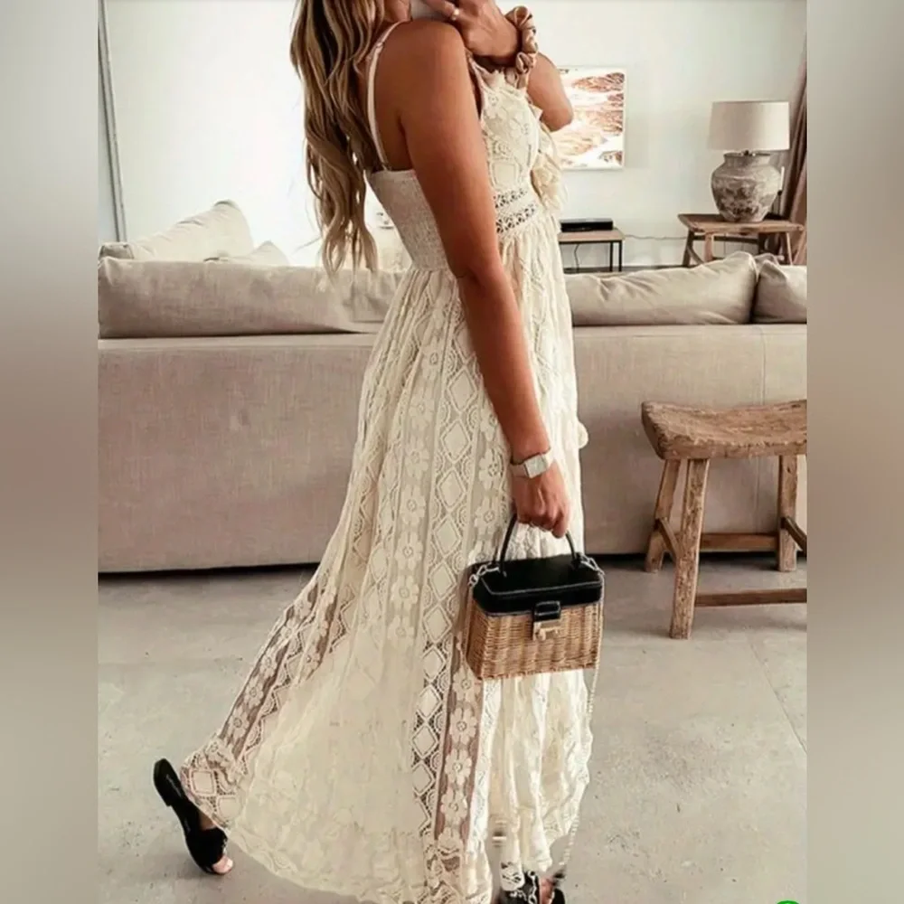 Women’s Boho Chic Floral V-Neck Maxi Sun Dress Lace Hem Beach Party Wedding​ - Picture 3 of 4